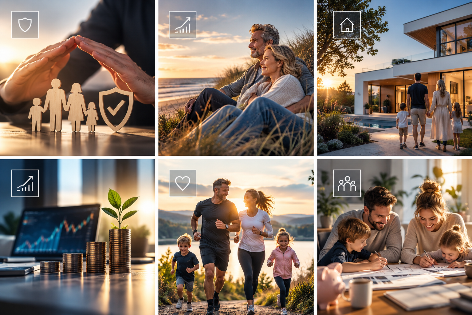 Übersicht unserer Leistungen: Absicherung, Altersvorsorge, Immobilien, Investments, Gesundheitsvorsorge und Familienplanung
